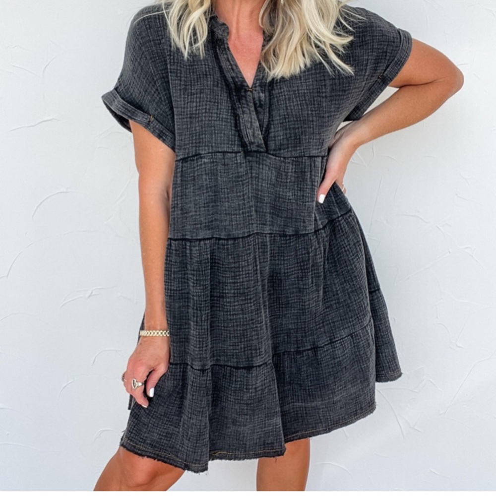 Umgee Black Mini Polo Shirt Dress with Tiered Style and Cuffed Sleeves